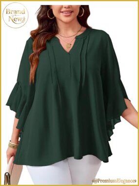 Plus Size Chiffon Blouse 3/4 Ruffle Sleeve V-Neck Dressy Tunic Top